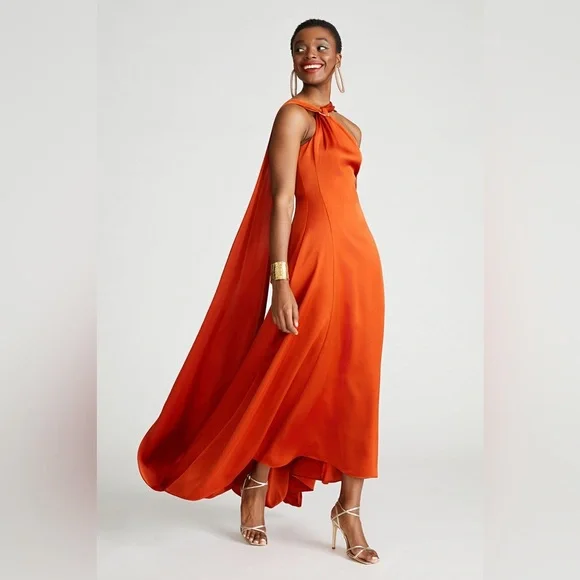Halston Heritage Genevieve Orange Maxi Satin Evening Dress Sz 2 595$